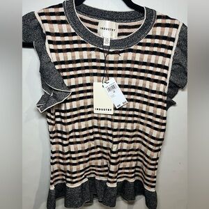 Industry Women's Black and Cream Checkered Short Sleeve Top